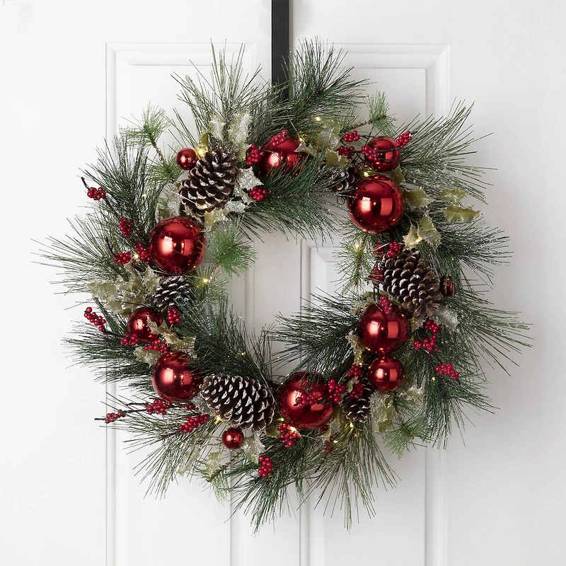 Glitzhome® 24" Pre-Lit Berry, Holly, Pinecone & Red Ornament LED Wreath