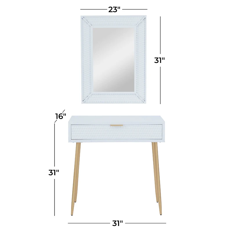 Set of 2" White Wood Contemporary Console Table with Mirror, 31" x 31" x 16"