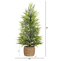 32in. Pre-Lit Artificial Lightly Snowed Cypress Christmas Tree with 30 Warm White LED Lights in Decorative Weaved Basket