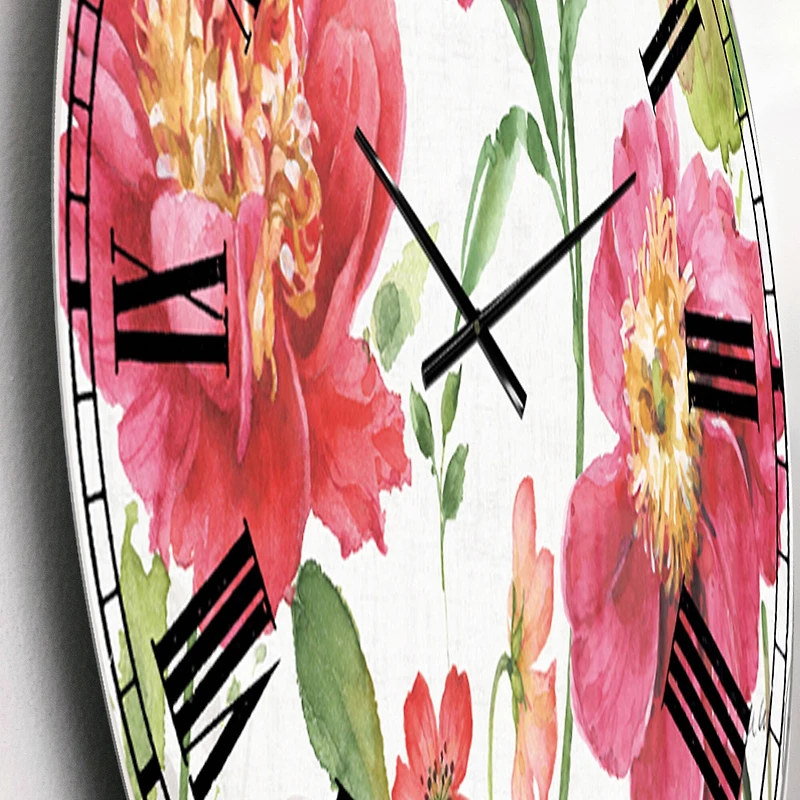 Designart 'Red Springflowers And Handpainted Butterfly Traditional Wall Clock