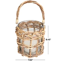 8" Clear Glass Handmade Candle Lantern with Brown Rattan Woven Exterior & Twisted Handle