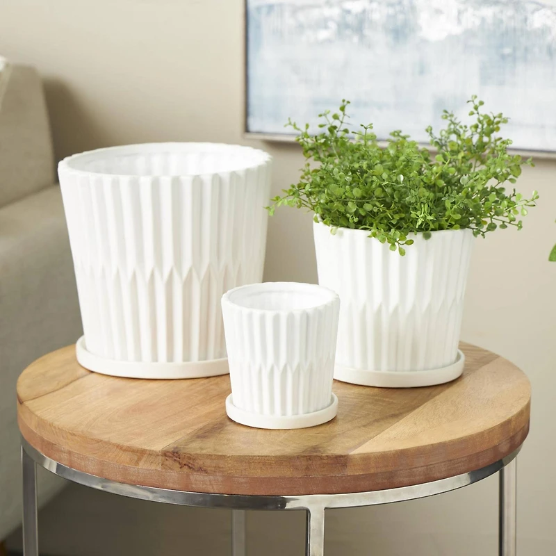 White Double Ribbed Textured Ceramic Planter Set