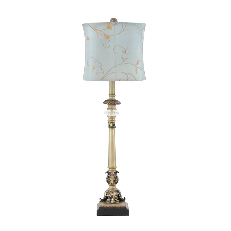Set of 2 Tuscan Hexagonal Gold Metal and Polystone Floral Buffet Lamp, 32.50" x 11" x 11"