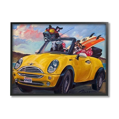 Stupell Industries Pet Dogs Yellow Convertible Surfboard Beach Car Framed Wall Art