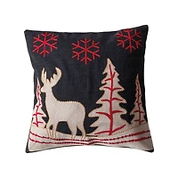 Hello Honey® 18" Embroidered Winter Scene with Reindeer Cotton Slub Throw Pillow