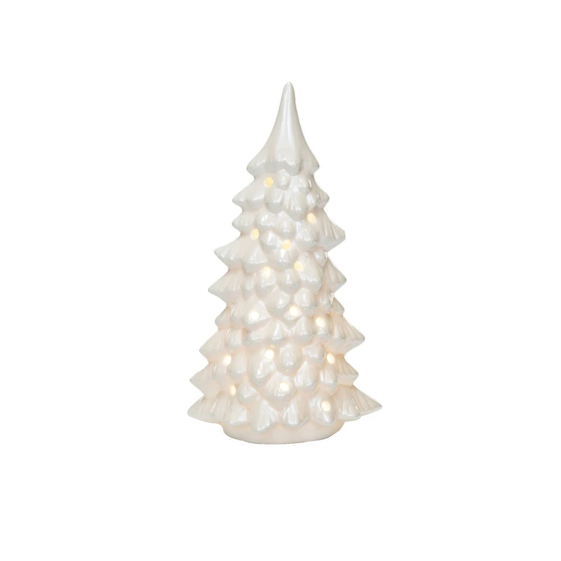 Hello Honey® 10.25" Cream Stoneware LED Tree with Cut-Outs & Iridescent Finish