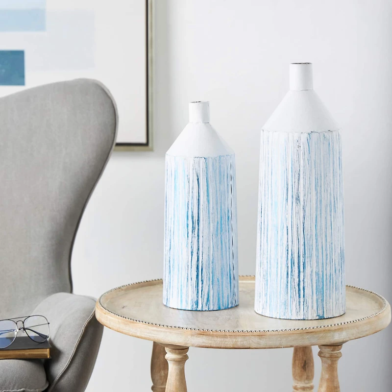 Blue & White Metal Brushed Vase Set