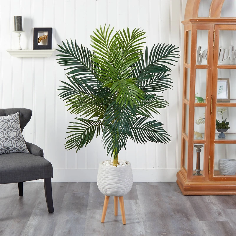 5ft. Golden Cane Artificial Palm Tree in White Planter with Stand