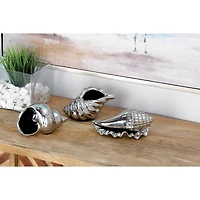 Set of 3 Silver Ceramic Coastal Shell Sculpture, 8", 7", 6"