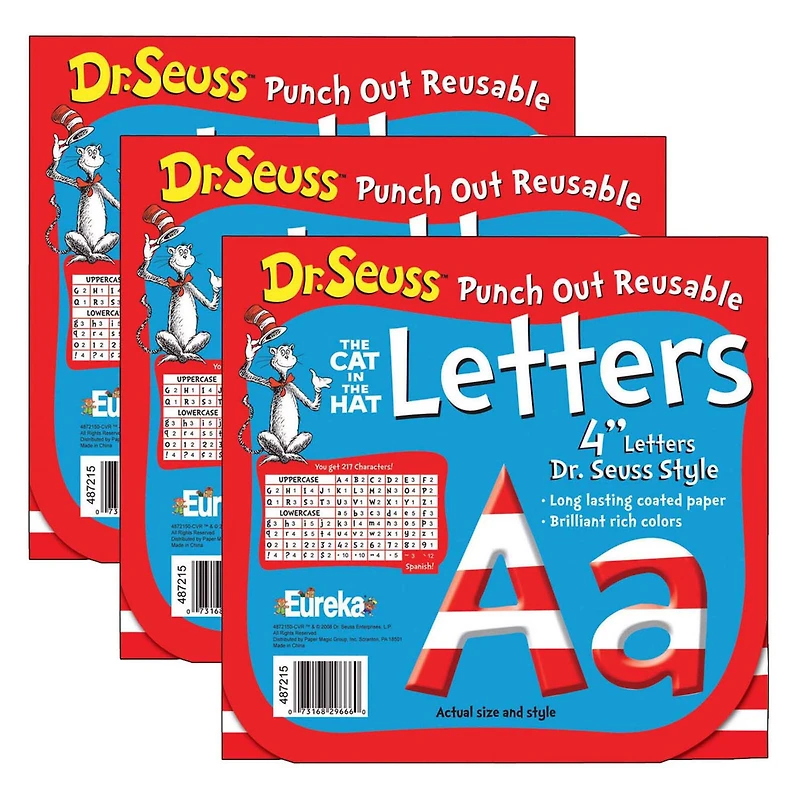 Eureka® Dr. Seuss™ Stripes Reusable Punch Out Deco Letters, 4", 3 Packs of 217 Pieces Per Pack.