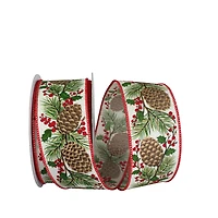 JAM Paper 2.5" x 20yd. x 20yd. Ivory Pinecone Berry Sprig Linen Wired Ribbon