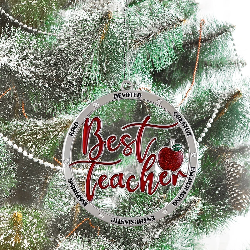 3" Red & Silver Best Teacher Round Enameled Metal Ornament by Ashland®