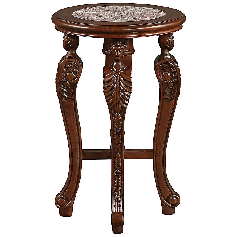 24" Four Caryatids Marble-Topped Hardwood Pedestal Table
