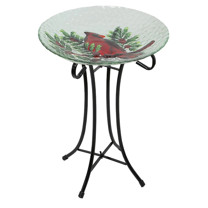 21" Red Cardinal & Pine Cone Glass Bird Bath with Stand