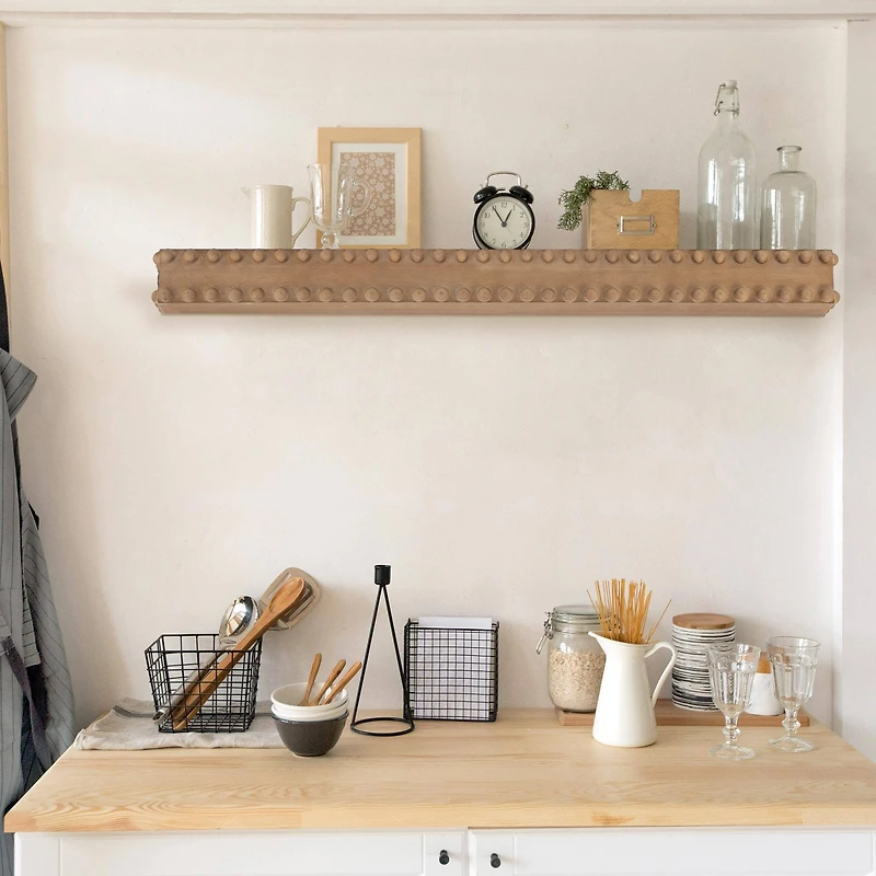 Natural Large Rustic Beaded Wood Floating Wall Shelf