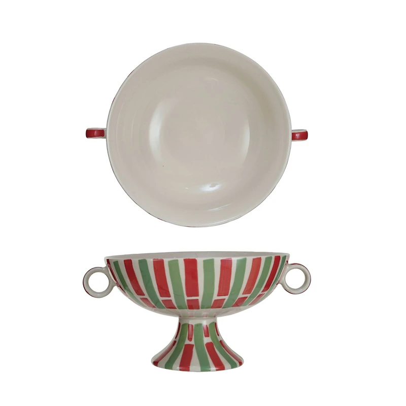 Hello Honey® 13" Red, Green & Cream Hand-Painted Stoneware Footed Bowl with Handles & Stripes