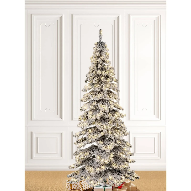 7.5ft Pre-Lit Flocked Layered Spruce Artificial Christmas Tree, Warm White LED Lights