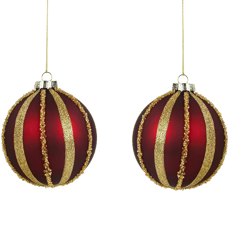 2ct. 4" Burgundy and Gold Striped Beaded Christmas Glass Ball Ornaments
