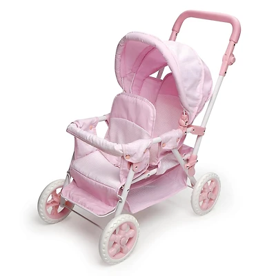 Badger Basket Pink Gingham Folding Double Front-to-Back Doll Stroller