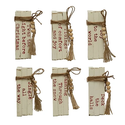 Hello Honey® 8.5" White & Red 6-Piece Wood Block Faux Books with Holiday Saying, Wood Beads & Jute Tie