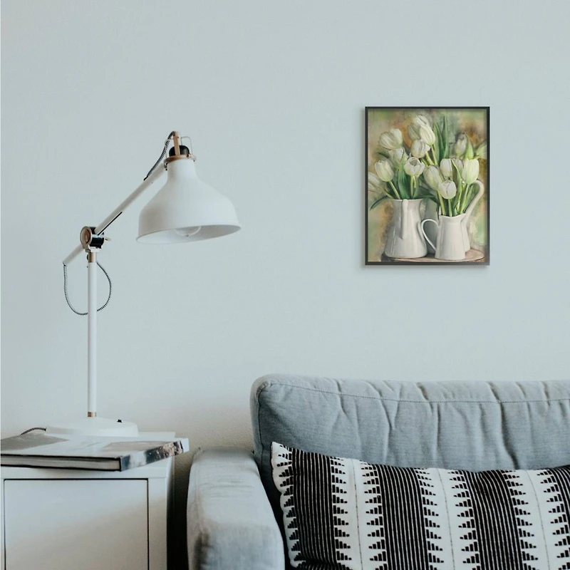 Stupell Industries White Tulips in Charming Country Pitchers Wall Art in Black Frame