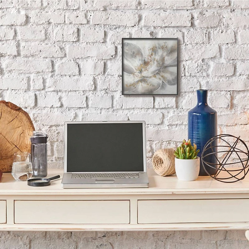 Stupell Industries Abstract Flower Bloom Gray Gold Framed Wall Art