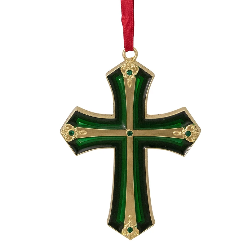 3.5" Green & Gold Layering Effect with Crystals Cross Ornament