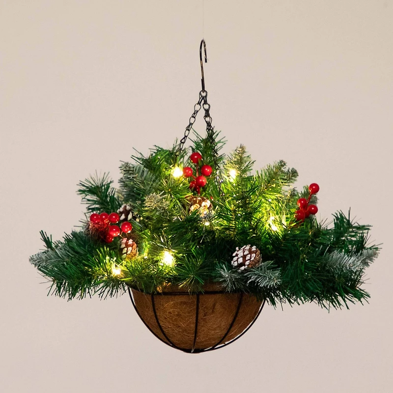 16" Artificial Pine & Berry Warm White LED Pre-Lit Hanging Basket