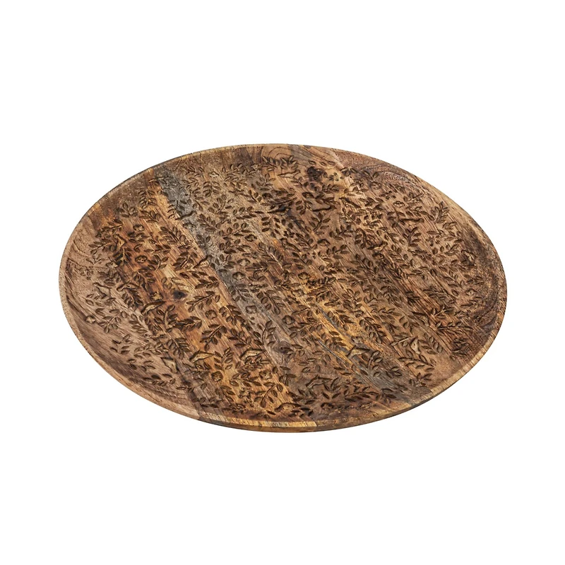 Hello Honey® 15.5" Round Mango Wood Tray with Laser Etched Botanicals
