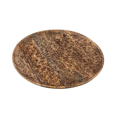 Hello Honey® 15.5" Round Mango Wood Tray with Laser Etched Botanicals