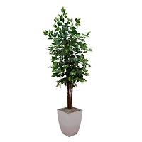 6ft. Artificial Double Stalk Ficus Tree in White Metal Planter