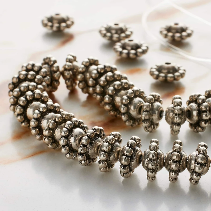 12 Pack:  Silver Plated Bumpy Metal Rondelle Beads, 10mm by Bead Landing™