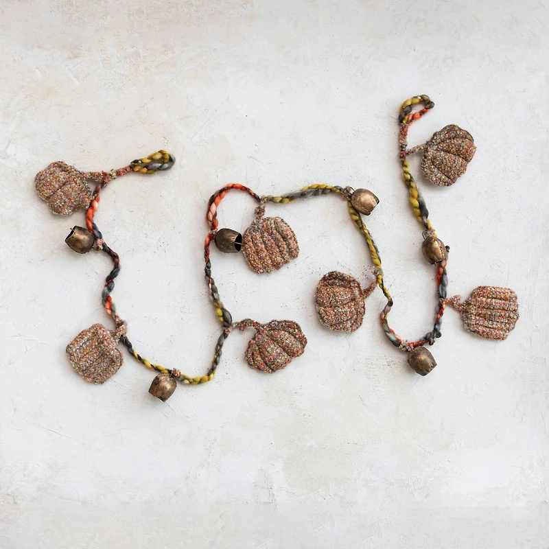 Hello Honey® 6ft. Decorative Hand-Woven Mélange Fabric Pumpkin & Metal Bell Garland