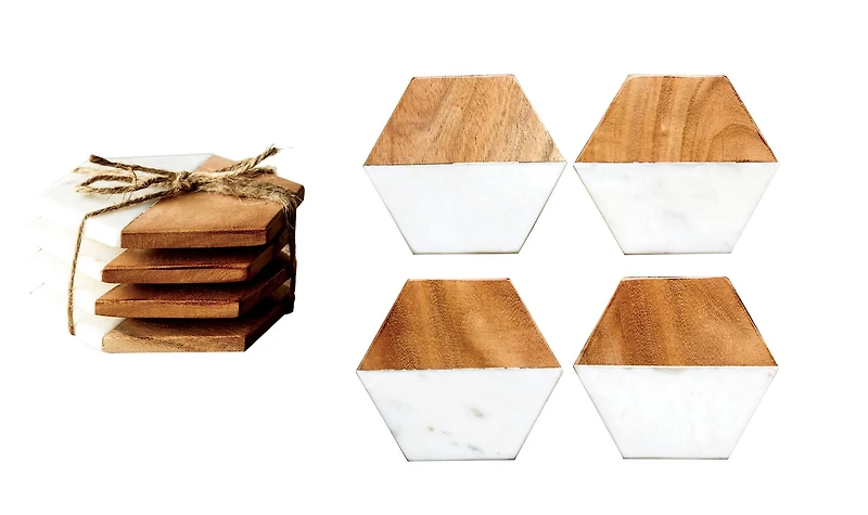 Hello Honey® Marble & Mango Wood Hexagon Coaster Set