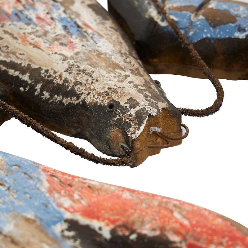 Red & Blue Wood Lobster Handmade Distressed Sculpture Set