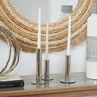 Silver Stainless Steel Slim Minimalistic Candle Holder with Rounded Base Set