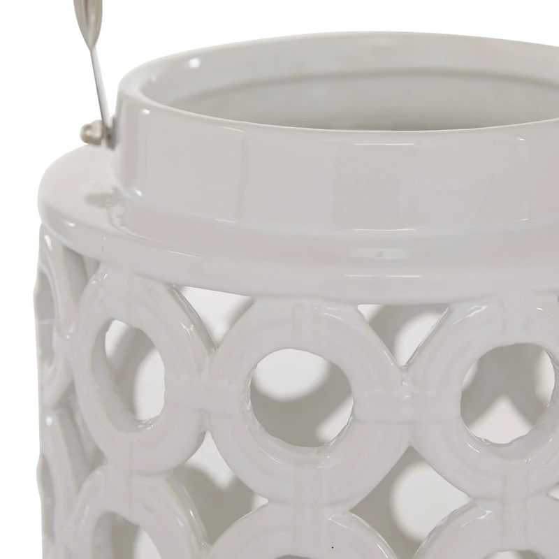 White Ceramic Contemporary Candle Holder Lantern, 8" x 8" x 9"
