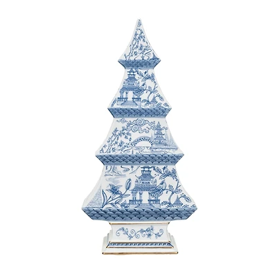 Hello Honey® 12.25" Blue & White Pagoda Pattern Ceramic Tree with Gold Electroplating