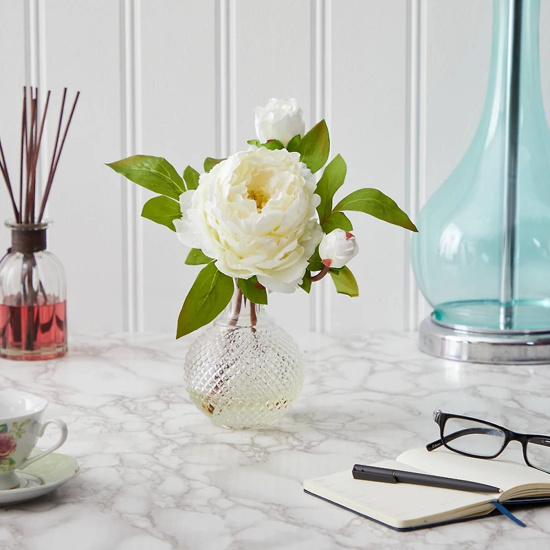 11" White Peony Arrangement in Clear Vase