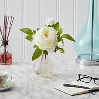 11" White Peony Arrangement in Clear Vase