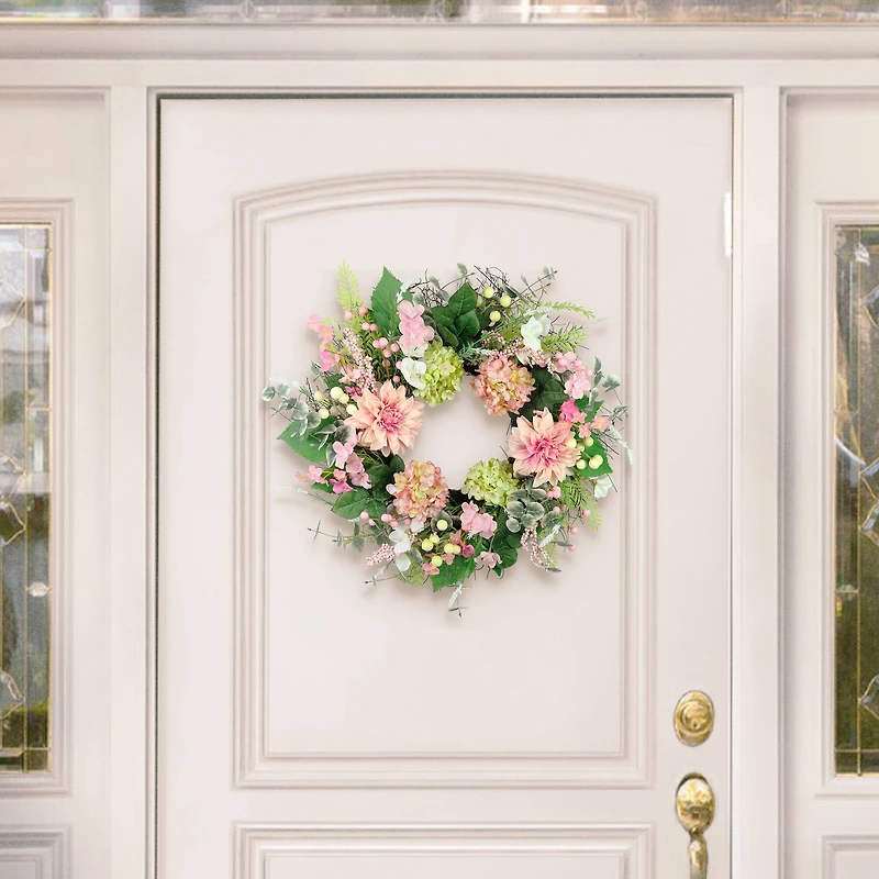 26" Artificial Hydrangea & Dahlia Floral Spring Wreath
