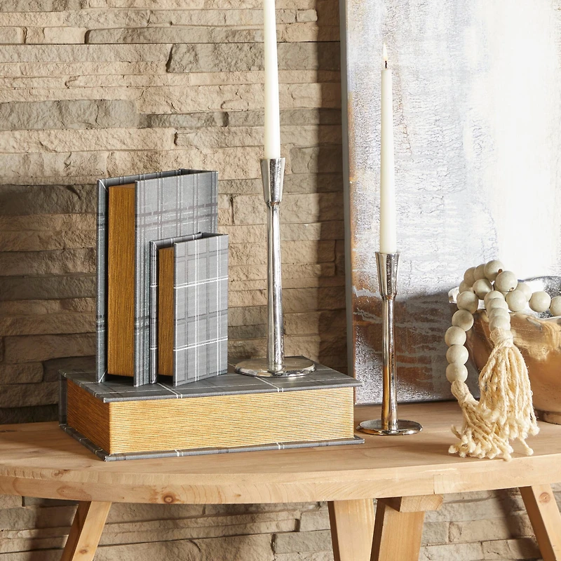 Gray Plaid Faux Leather Faux Book Box Set