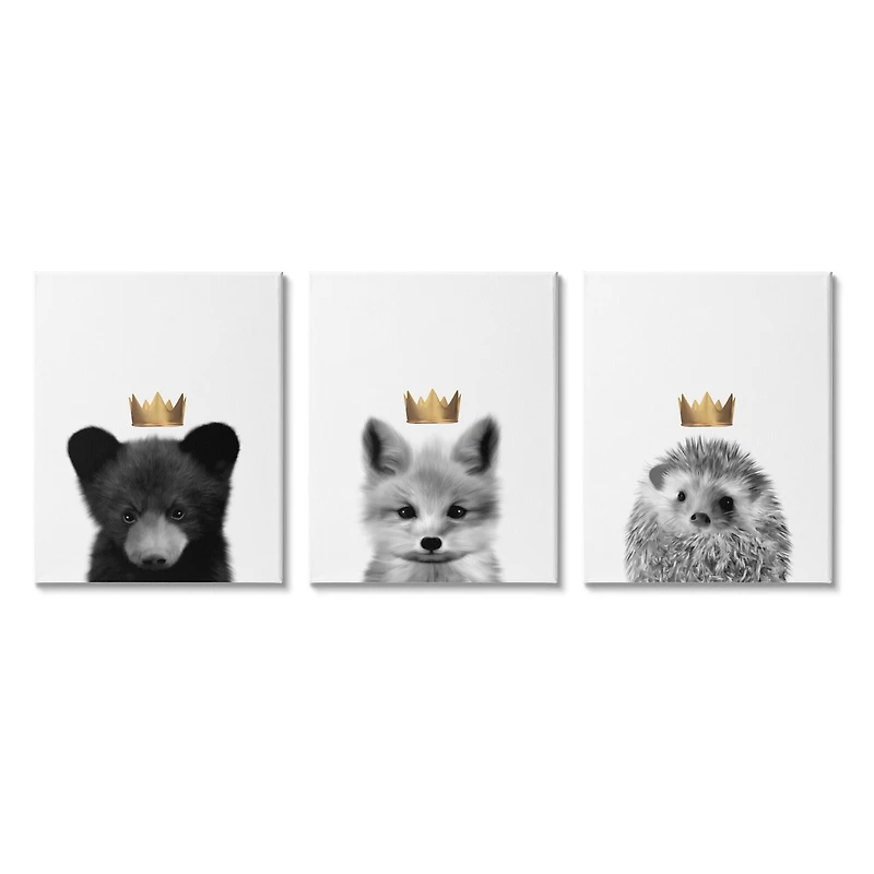 Stupell Industries Woodland Animals Bold Crowns Black Bear Fox Hedgehog Canvas Wall Art