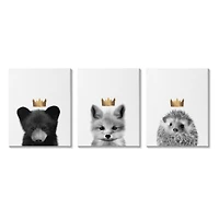 Stupell Industries Woodland Animals Bold Crowns Black Bear Fox Hedgehog Canvas Wall Art