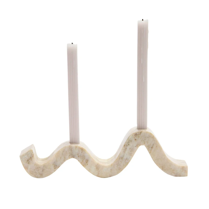 Hello Honey® 14.5" Beige Modern Marble and Brass Wave Double Taper Holder