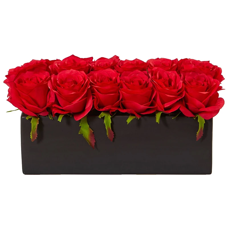 12.5" Dozen Silk Roses in Ceramic Rectangular Planter