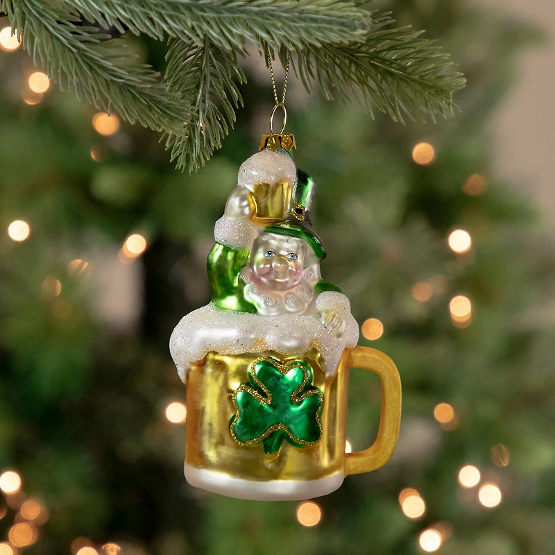 5" Luck of the Irish Leprechaun and Gold Beer Mug Glass Ornament