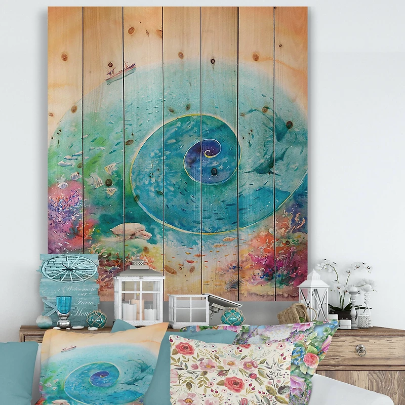 Designart - Turquoise Ocean Spiral With Coral Reef Fishes
