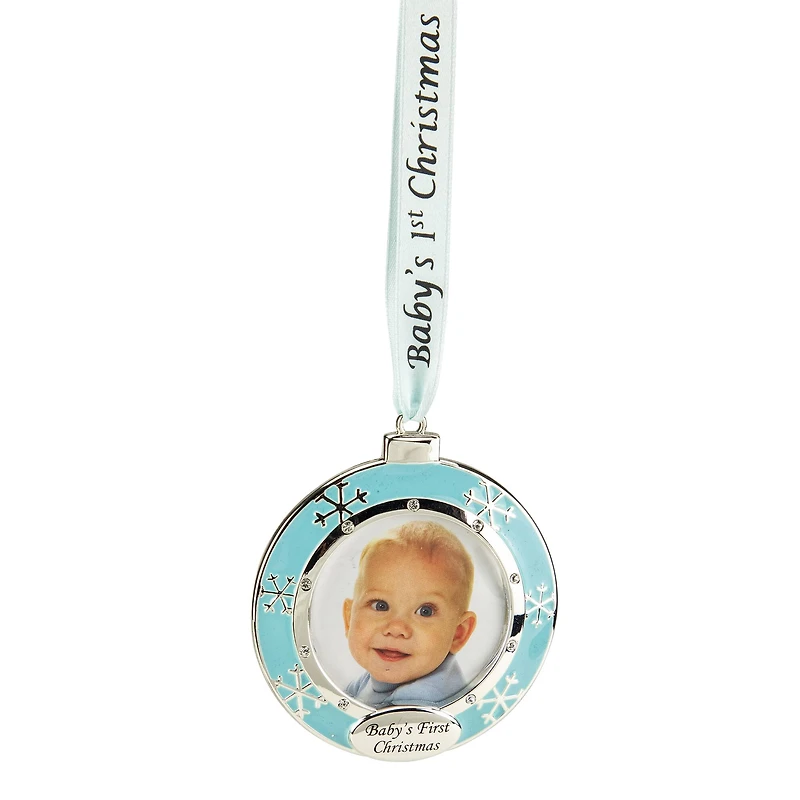 3" Blue & Silver "Baby's First Christmas" Framed Ornament