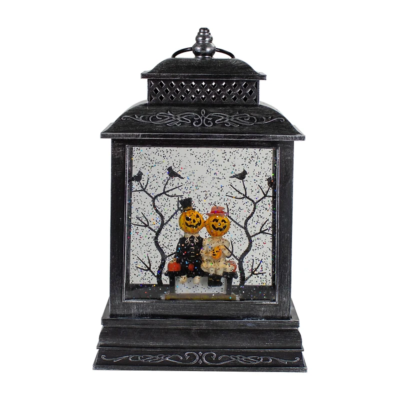 11.5" Black Lighted Halloween Snow Globe Lantern With Pumpkin Couple